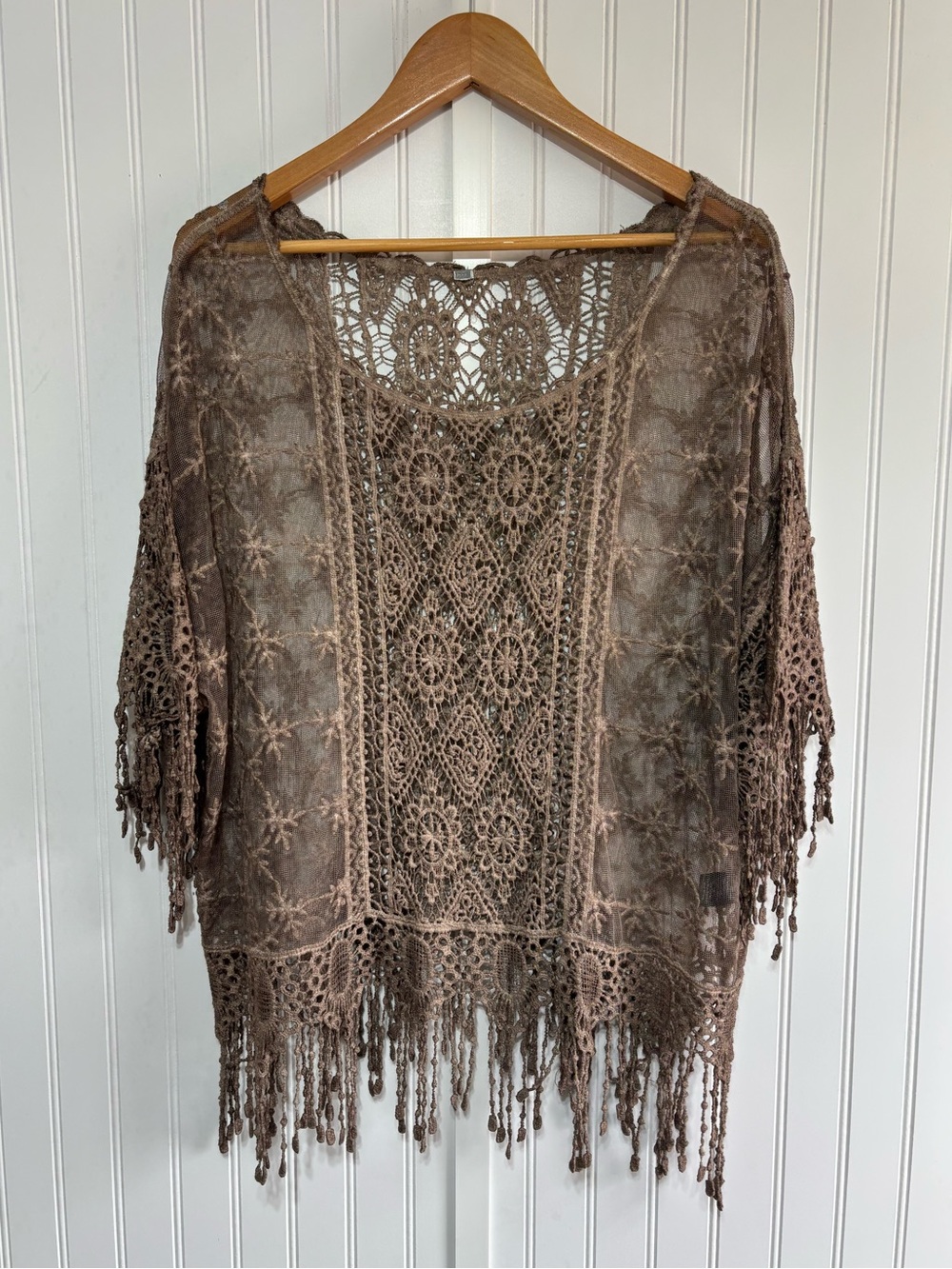 Boho Brown Crochet Lace Fringe Pullover Top Linen Blend Sheer Blouse Approx L/XL - Picture 3 of 13